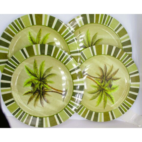 Set Of 4 Vintage Palm Tree Melamine Dinner Plates Green Tropical Durable Lightwe - Picture 4 of 4